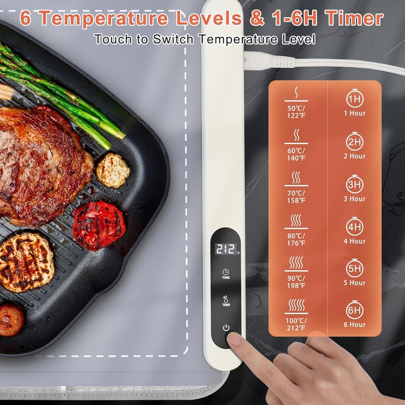 FYY Extra Large Warming Mat for Food with Heat Resistant Pad, Prevent Countertop Cracks, Keep Meal Warm, Rapid and Full Surface Heating, 6 Temp Settings, 6H Timer, Rollable Portable Food Warmer, Grey - Image 4